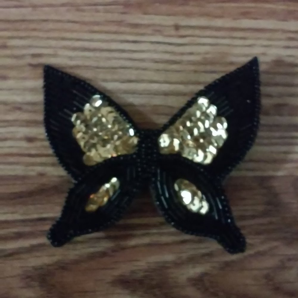 Old Butterfly Pin Black Beads and Gold Sequins Plastic 3" Wide x 2 3/4" High
